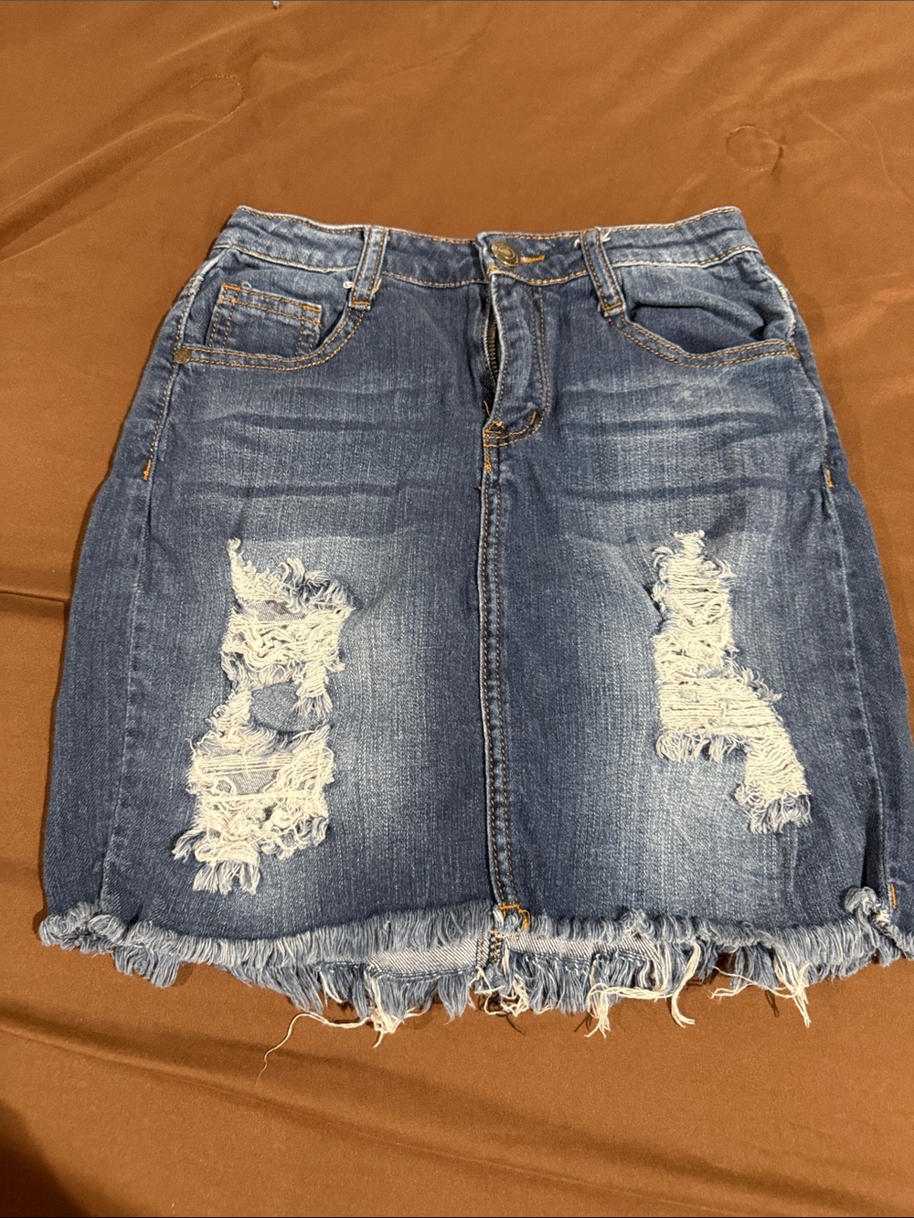 Machine Distressed Denim Mini Skirt in Blue